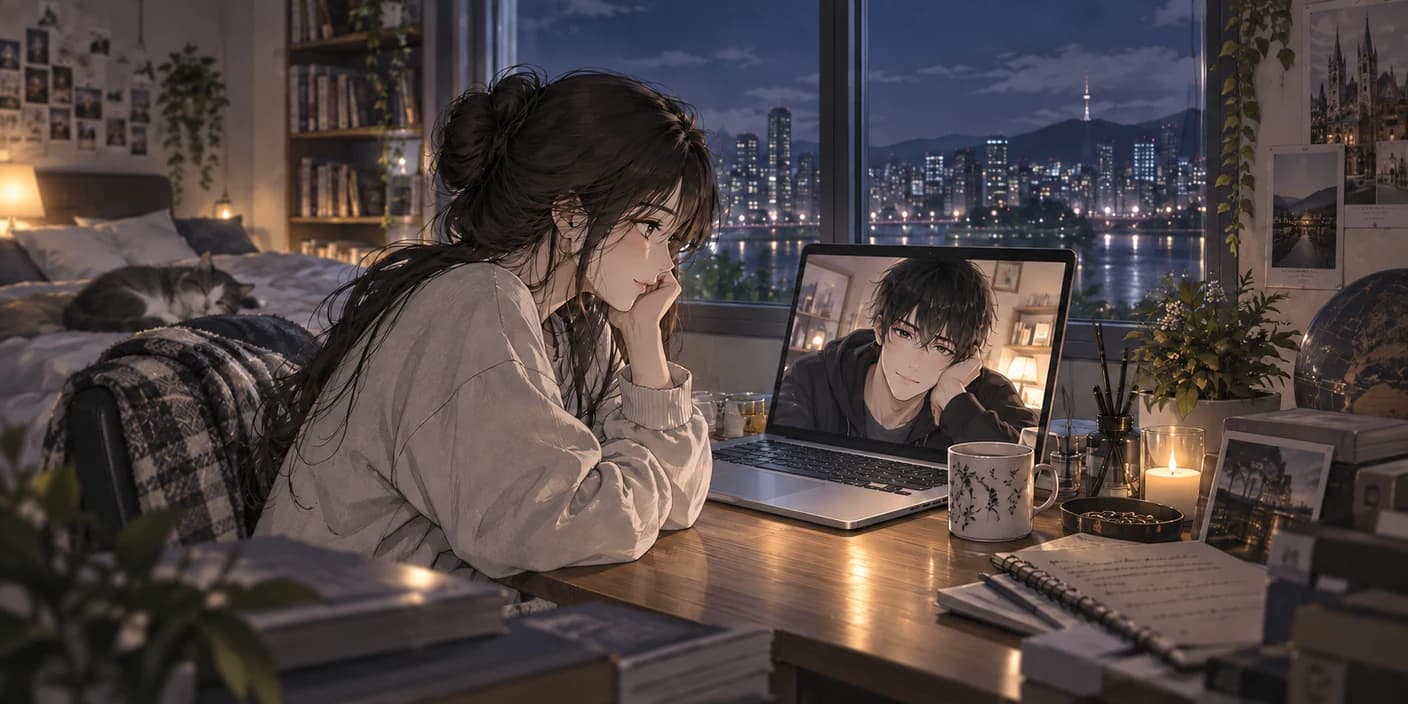 女子在書桌前與螢幕另一端的人視訊通話