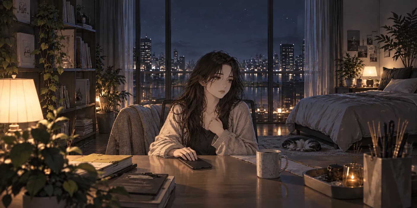 女子在夜晚坐在桌邊看手機，窗外透著月光