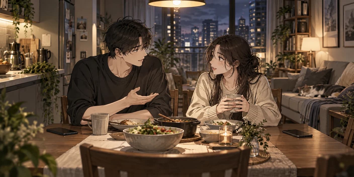伴侶坐在家中餐桌旁談話，桌上放著晚餐與水杯