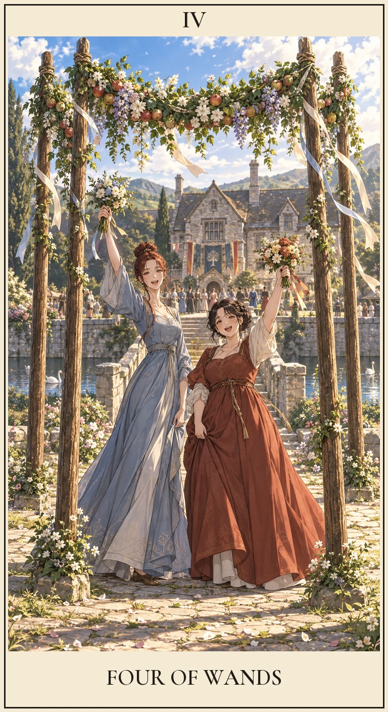 權杖四：四根花杖架起花環，兩名人物舉起花束慶祝