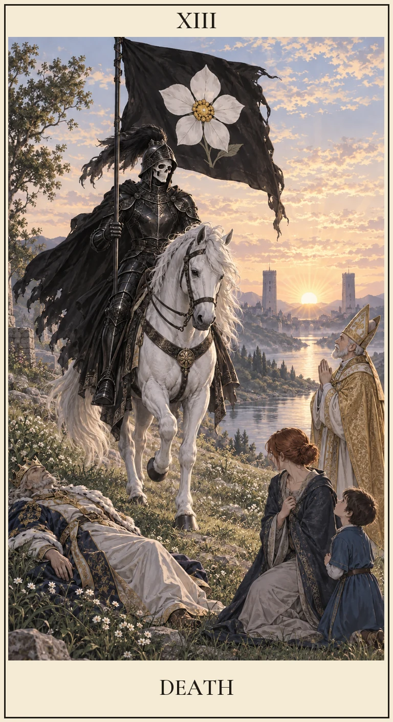 死神騎著白馬舉起黑旗,地上有倒下的王者,其他人物面向騎士,遠處兩塔之間有光。