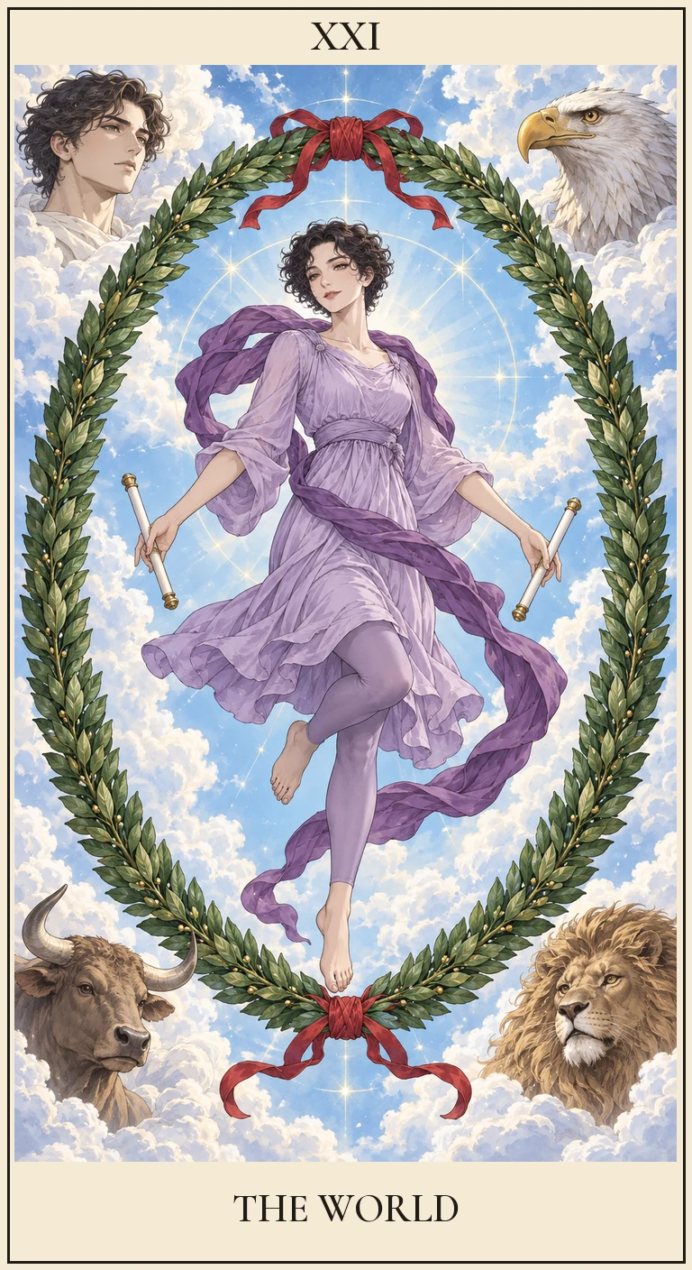 世界牌的中央人物手持兩根短杖,位於橢圓花環內;畫面四角分別有人、鷹、牛與獅。