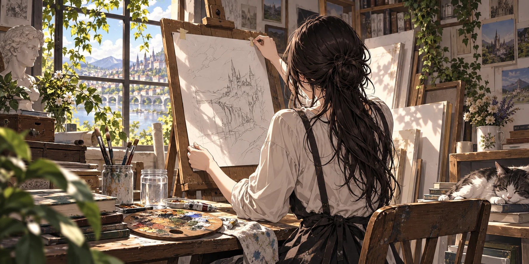 創作者將未完成的草稿固定在畫架上，旁邊放著畫筆、調色盤與水杯。