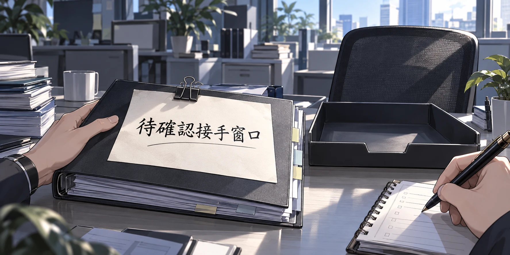 空文件盤旁，一隻手扶著資料夾，上方紙頁寫著「待確認接手窗口」，另一隻手在筆記本旁持筆。