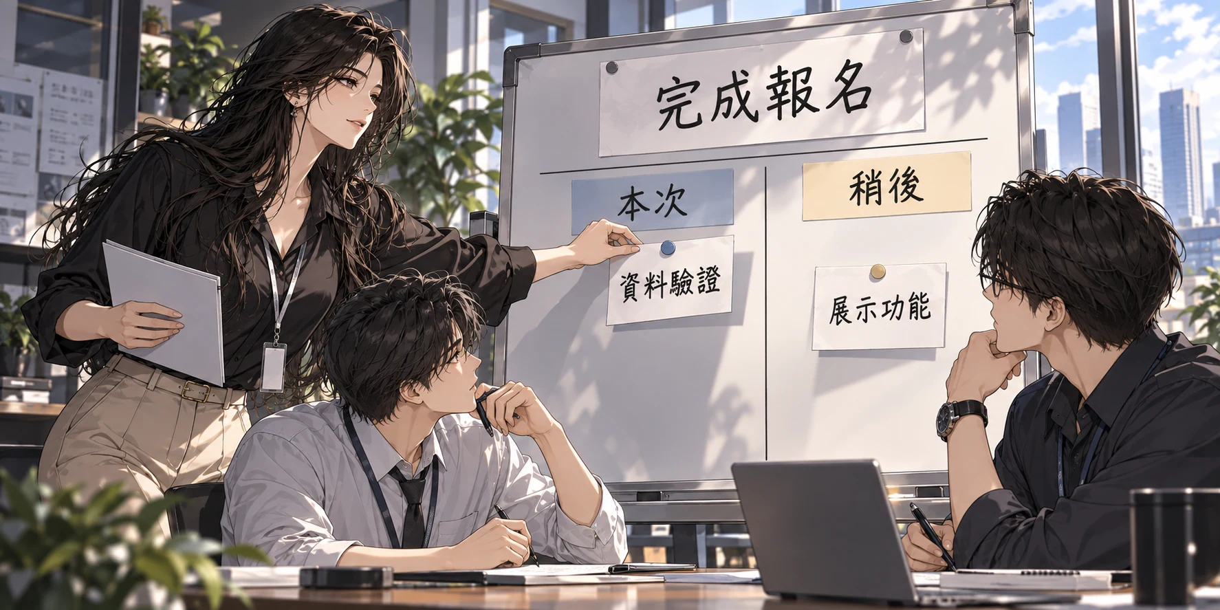 三位同事在決策板前確認共同目標，把資料驗證列為本次工作、展示功能移到稍後。