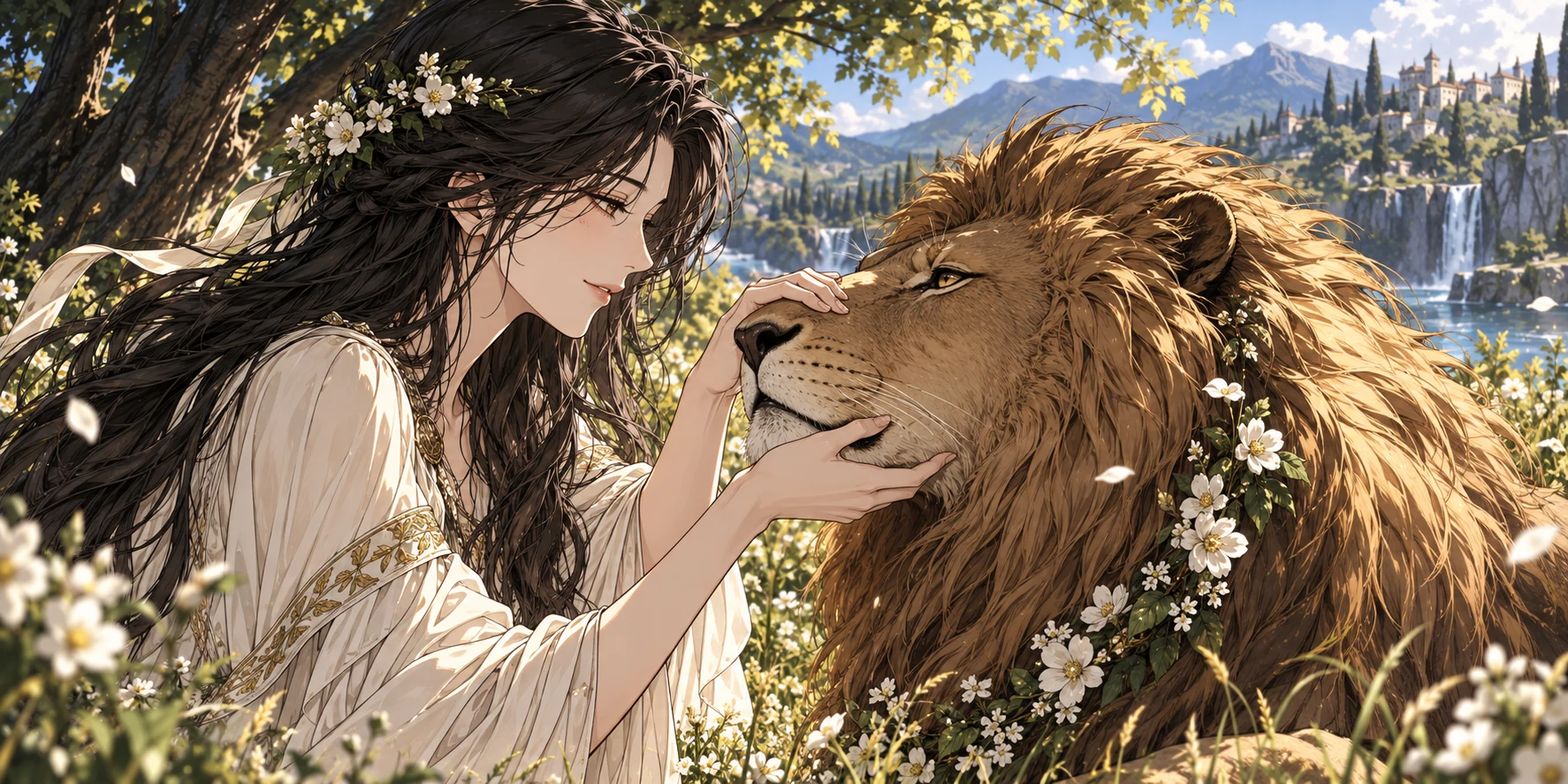 女子一手托住獅子下顎，一手輕撫獅頭，獅頸旁垂著花鏈。