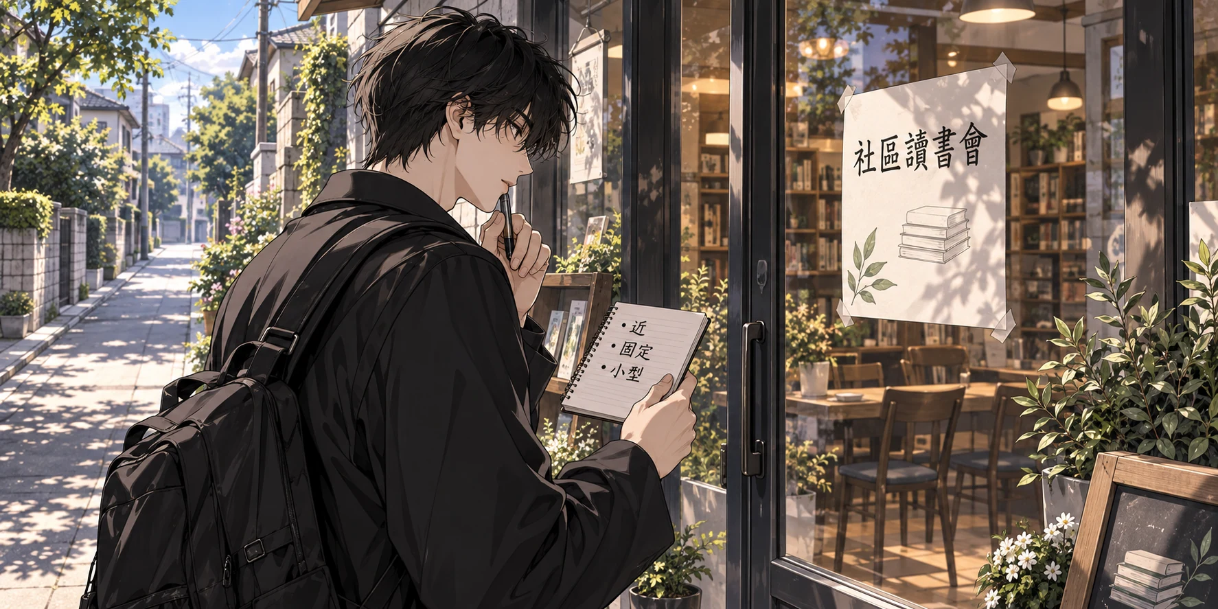 一人站在社區書店門前看「社區讀書會」公告，手上的筆記列著「近、固定、小型」。