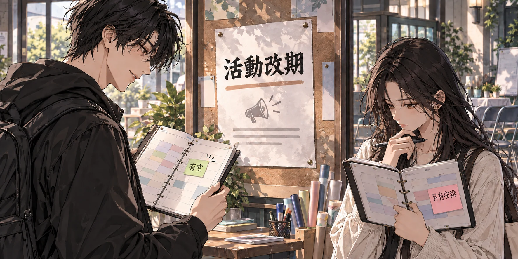 兩人在活動改期公告前查看日程，一人的頁上寫著「有空」，另一人寫著「另有安排」。