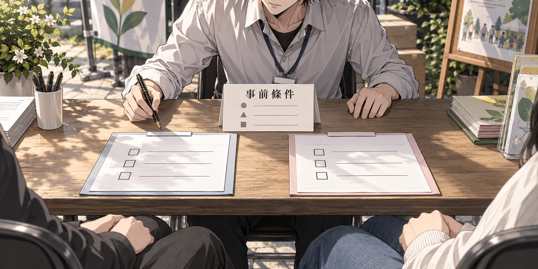 桌上並排兩份帶有空核取格的資料，中間桌牌寫著「事前條件」，一人持筆查看。